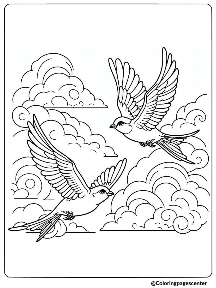 Coloring page of two birds flying among clouds in the sky