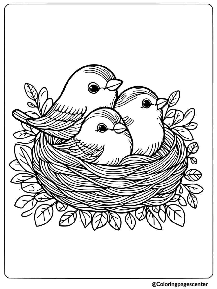 Coloring page of three birds sitting in a cozy nest