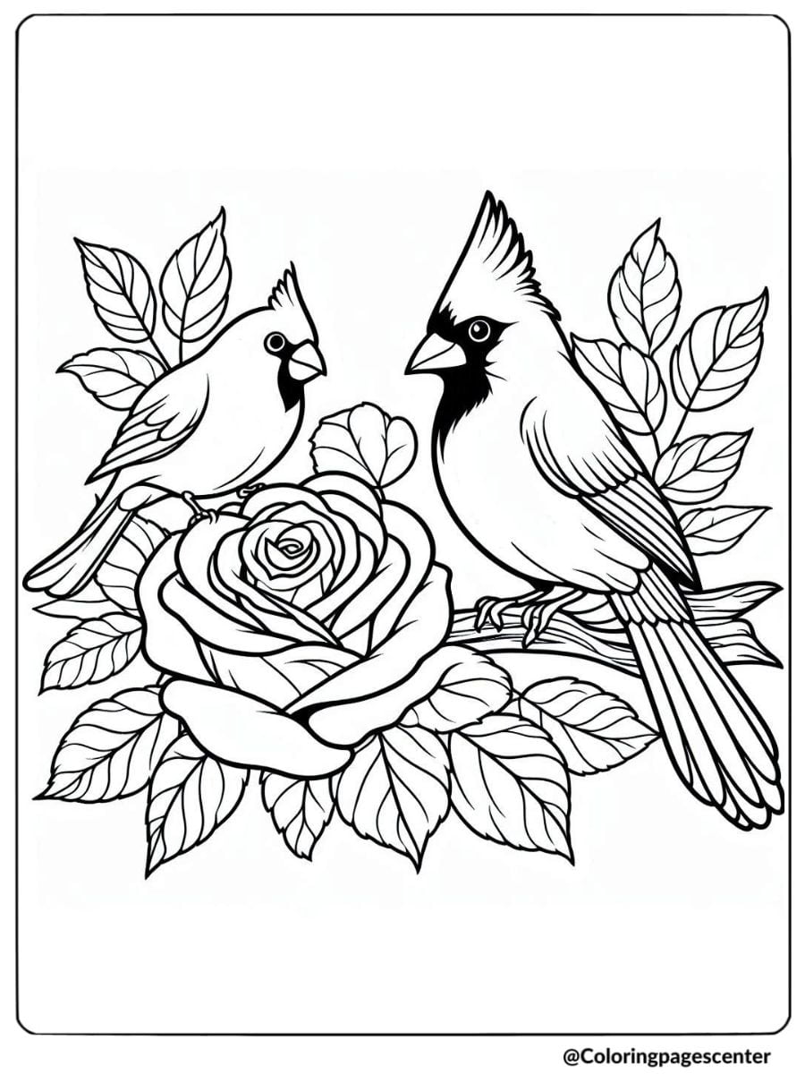 Coloring page of two birds perched near a rose