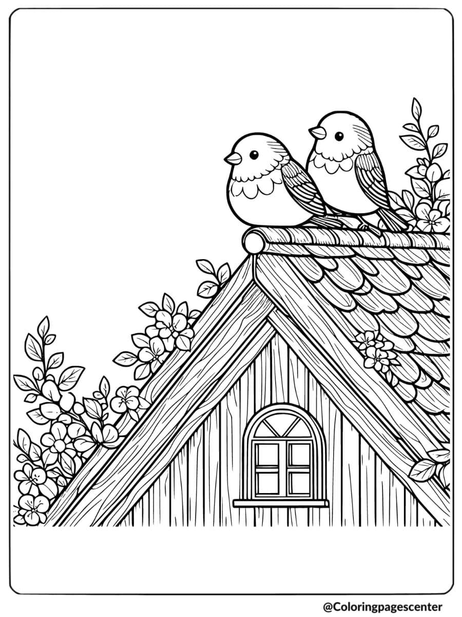 Coloring page of two birds sitting on a rooftop