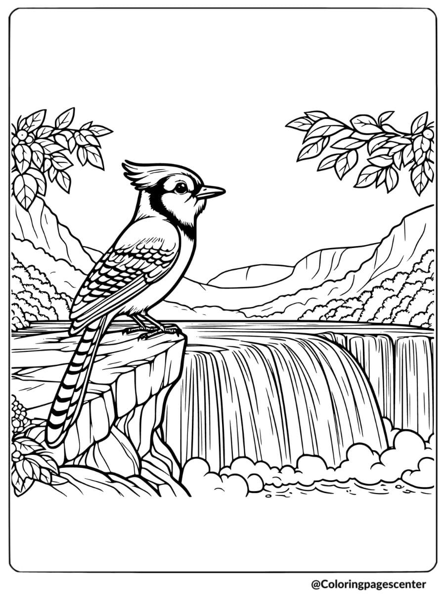 Blue jay near a scenic waterfall coloring page