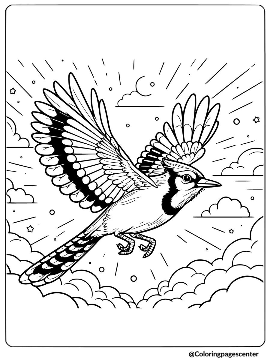 Flying blue jay with spread wings coloring page