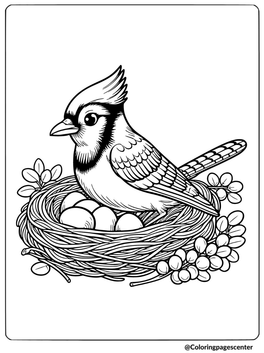 Blue jay in a nest with eggs coloring page