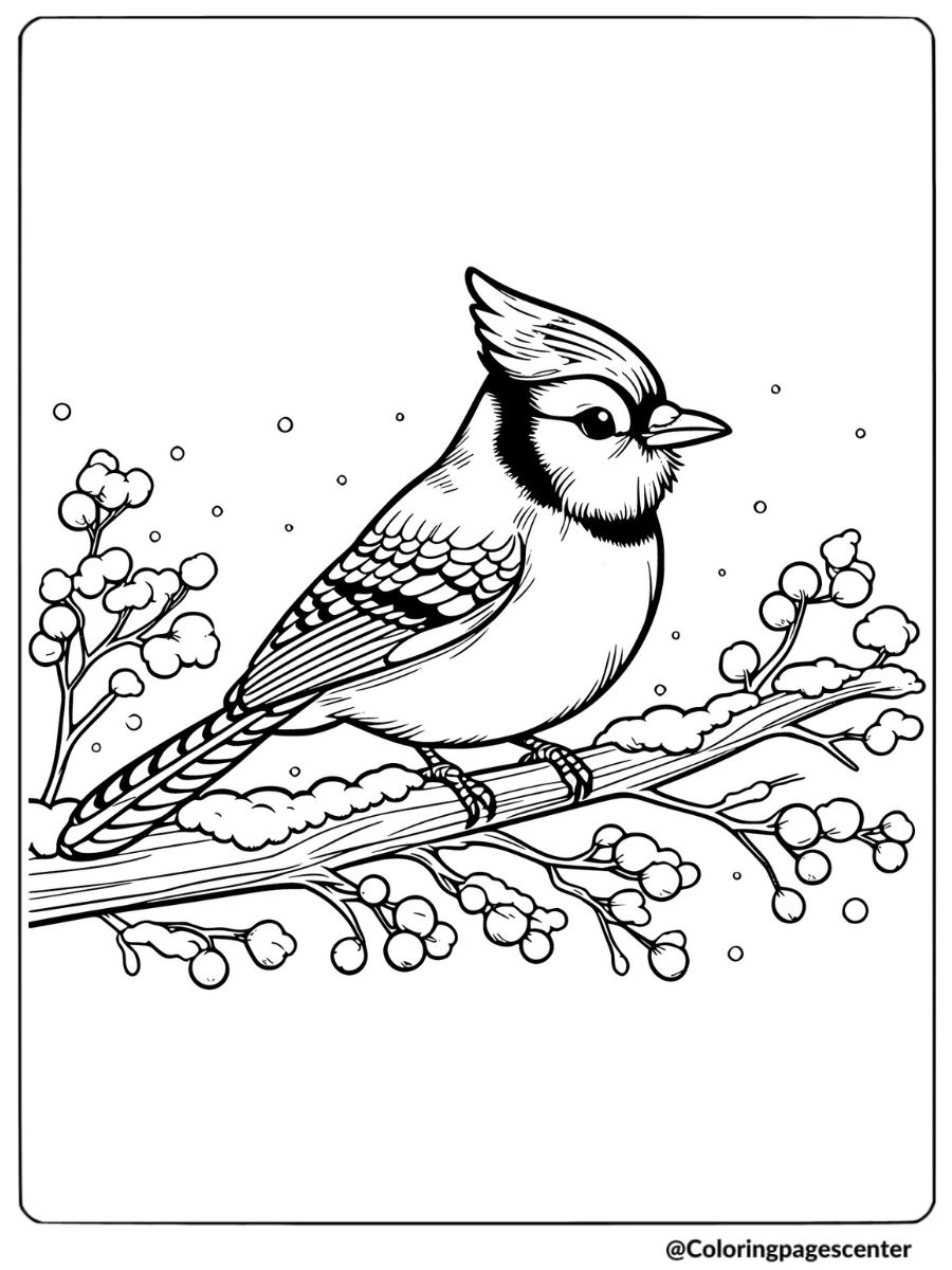 Blue jay perched on a branch with berries coloring page