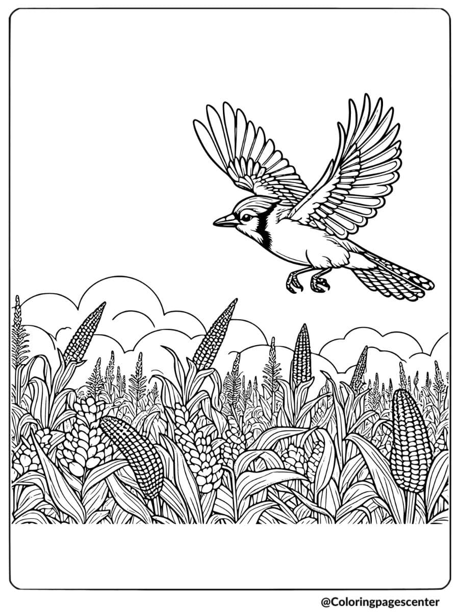 Blue jay flying over a field of corn coloring page