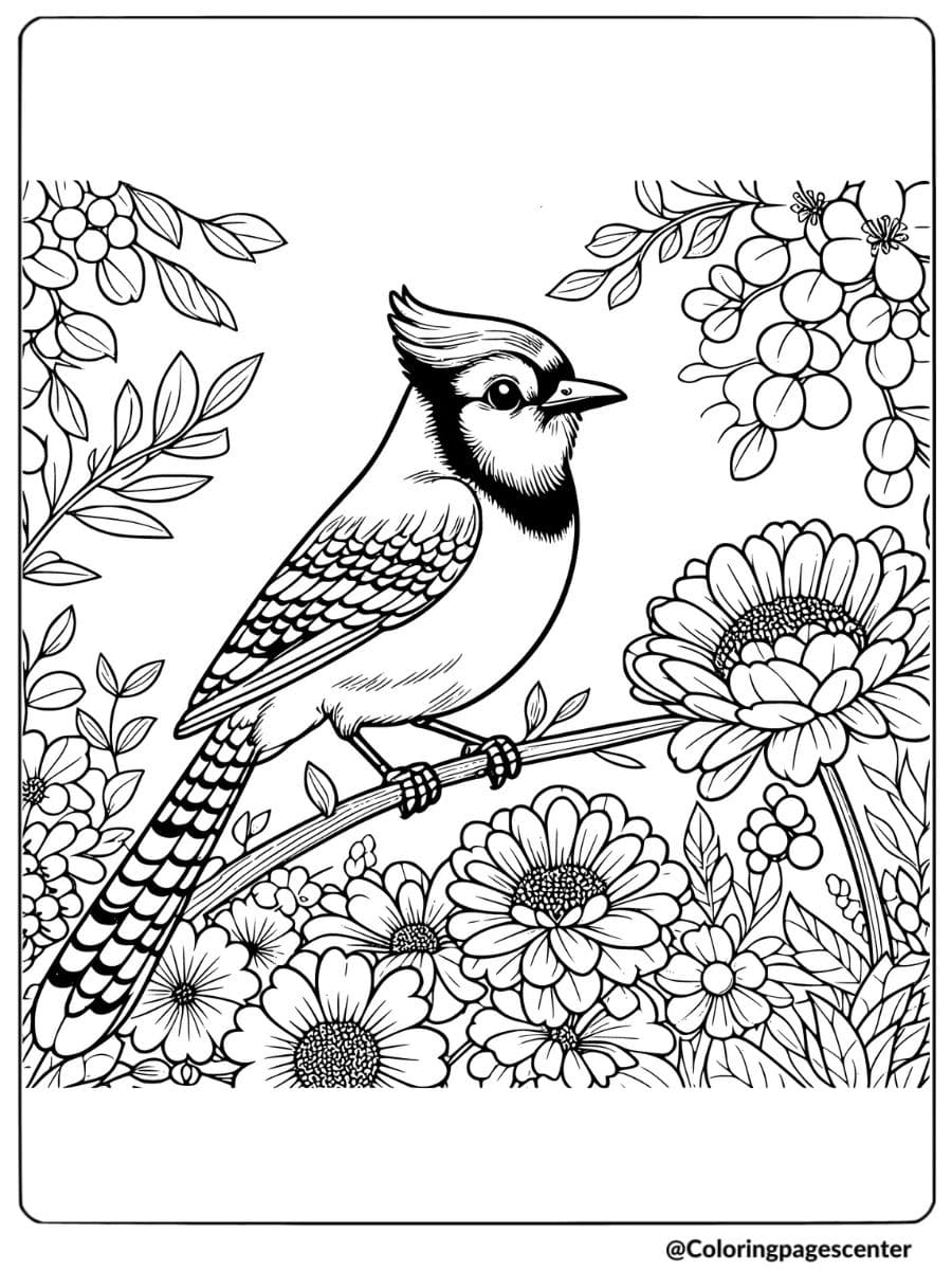 Blue jay surrounded by flowers coloring page