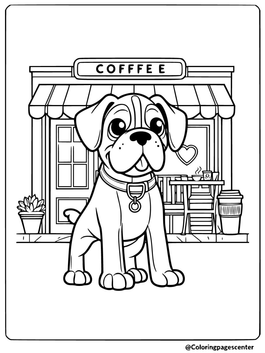 Boxer dog sitting in front of a coffee shop coloring page