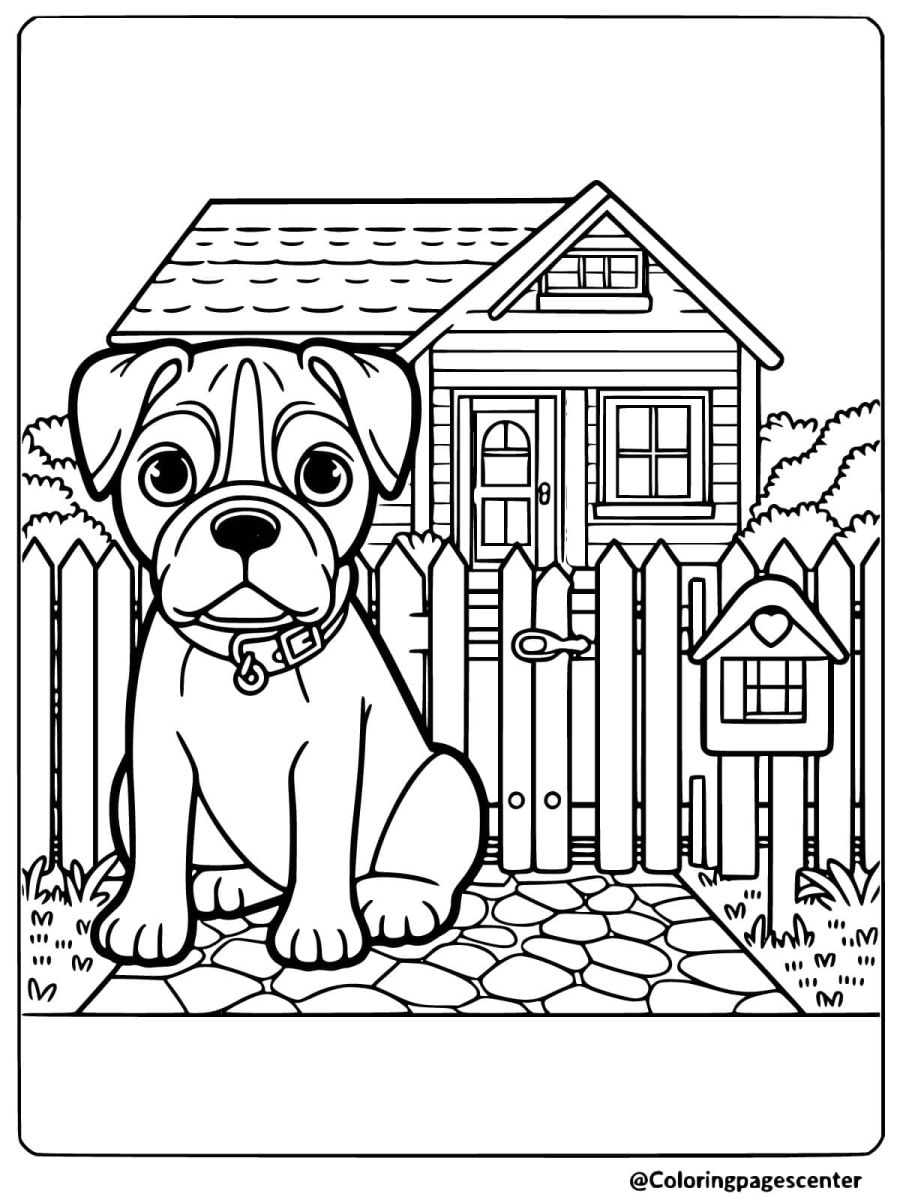 Boxer dog sitting in front of a house and fence coloring page