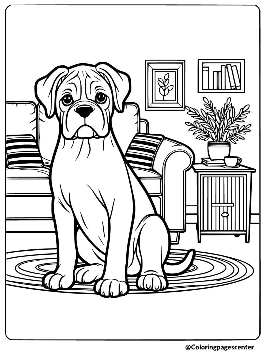 Boxer dog sitting in a cozy living room coloring page