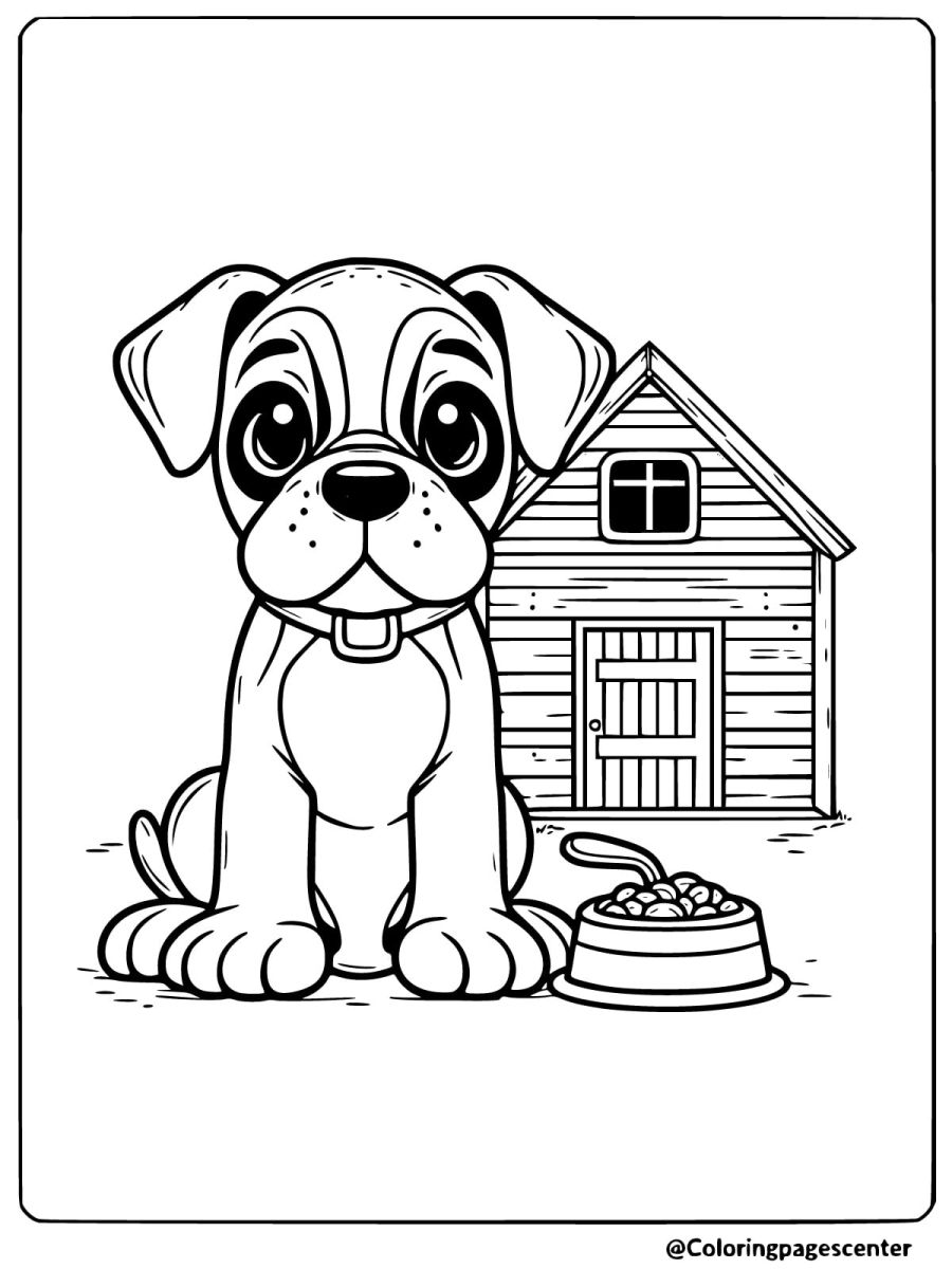 Boxer dog sitting next to a food bowl coloring page