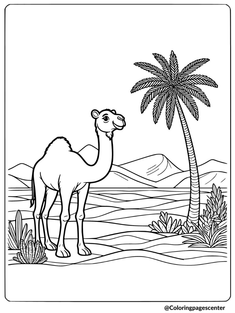 Coloring page of a camel standing near a palm tree