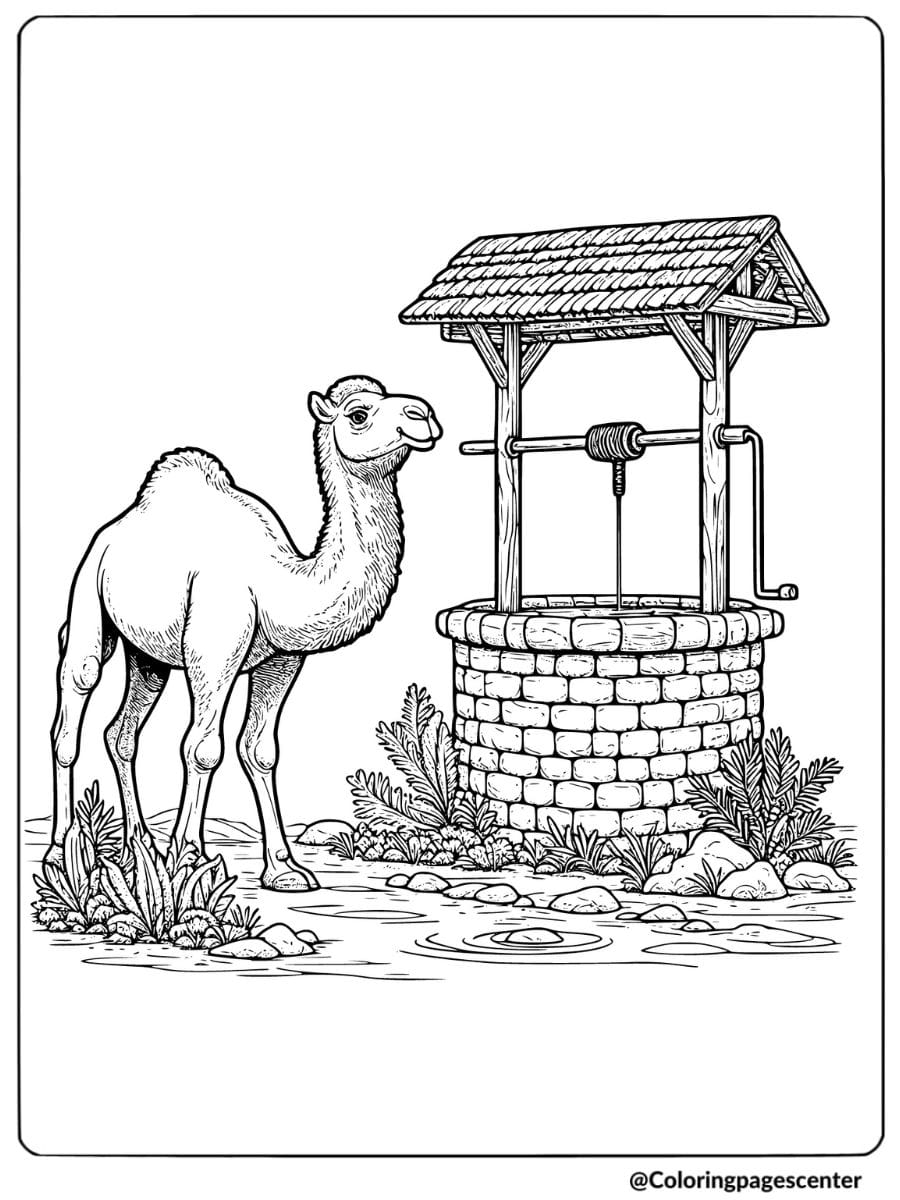 Coloring page of a camel standing near a water well