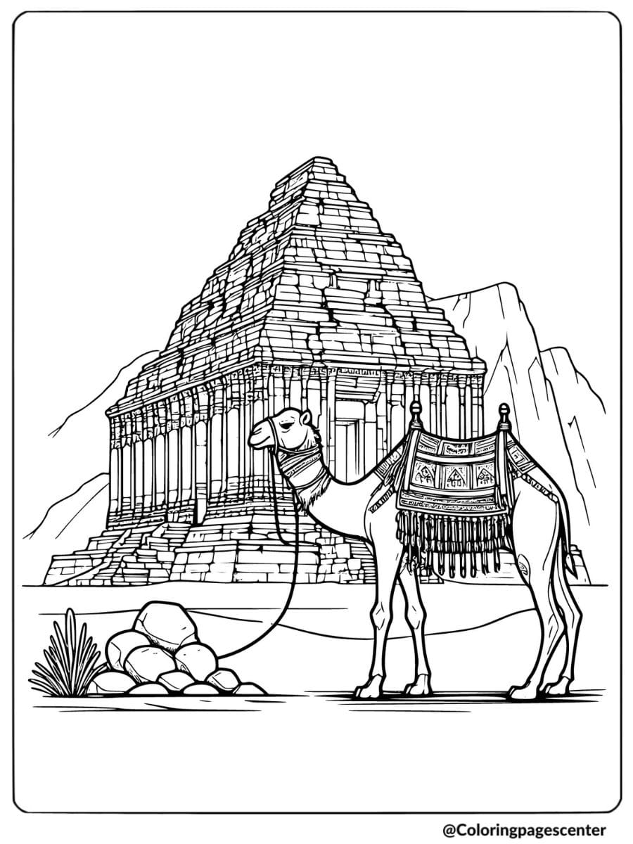 Camel standing at ancient ruins coloring page