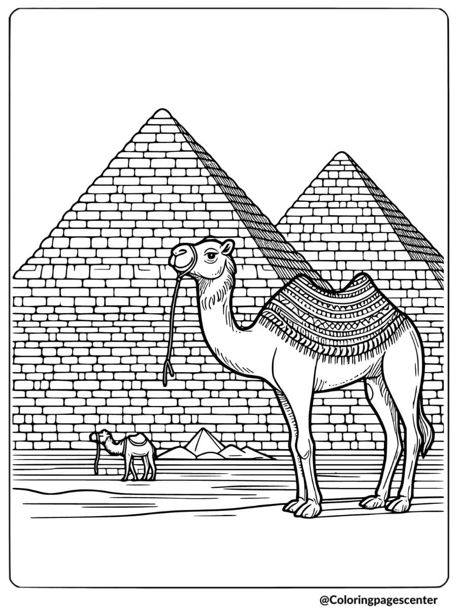 Camel standing near the pyramids coloring page