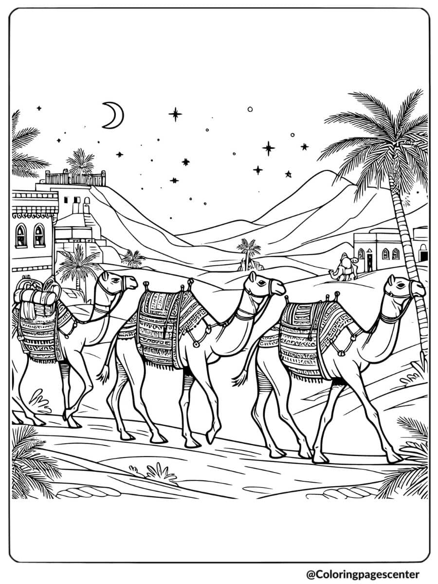 Camel caravan walking through the desert at night coloring page