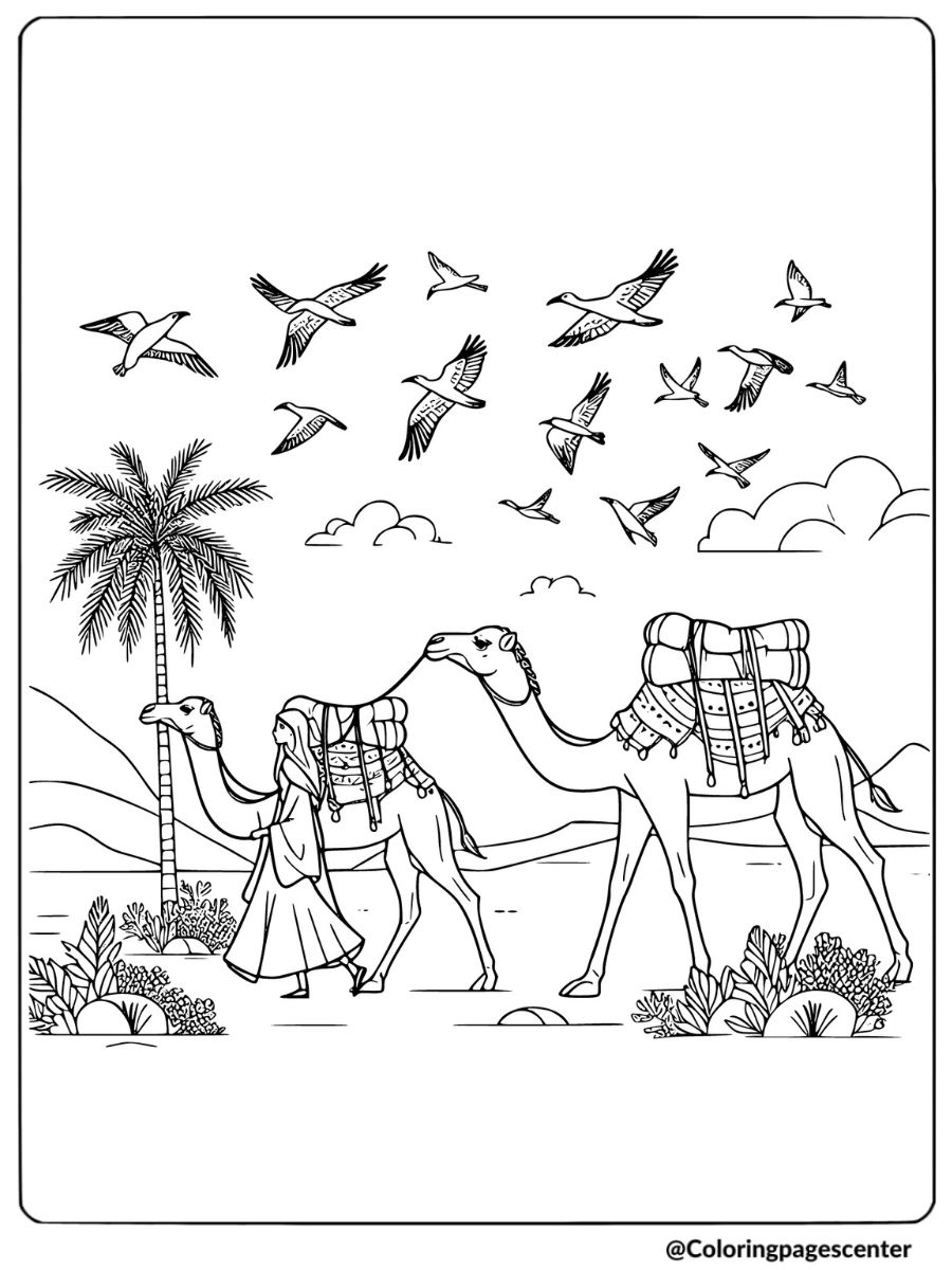 Camel caravan and birds flying above coloring page