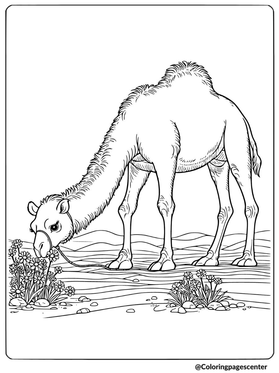 Camel eating grass in a desert landscape coloring page