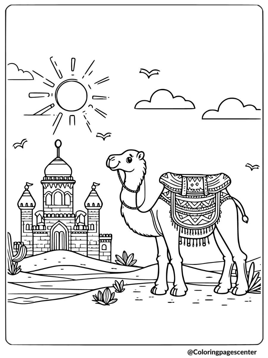 Coloring page of a camel near a desert castle under the sun