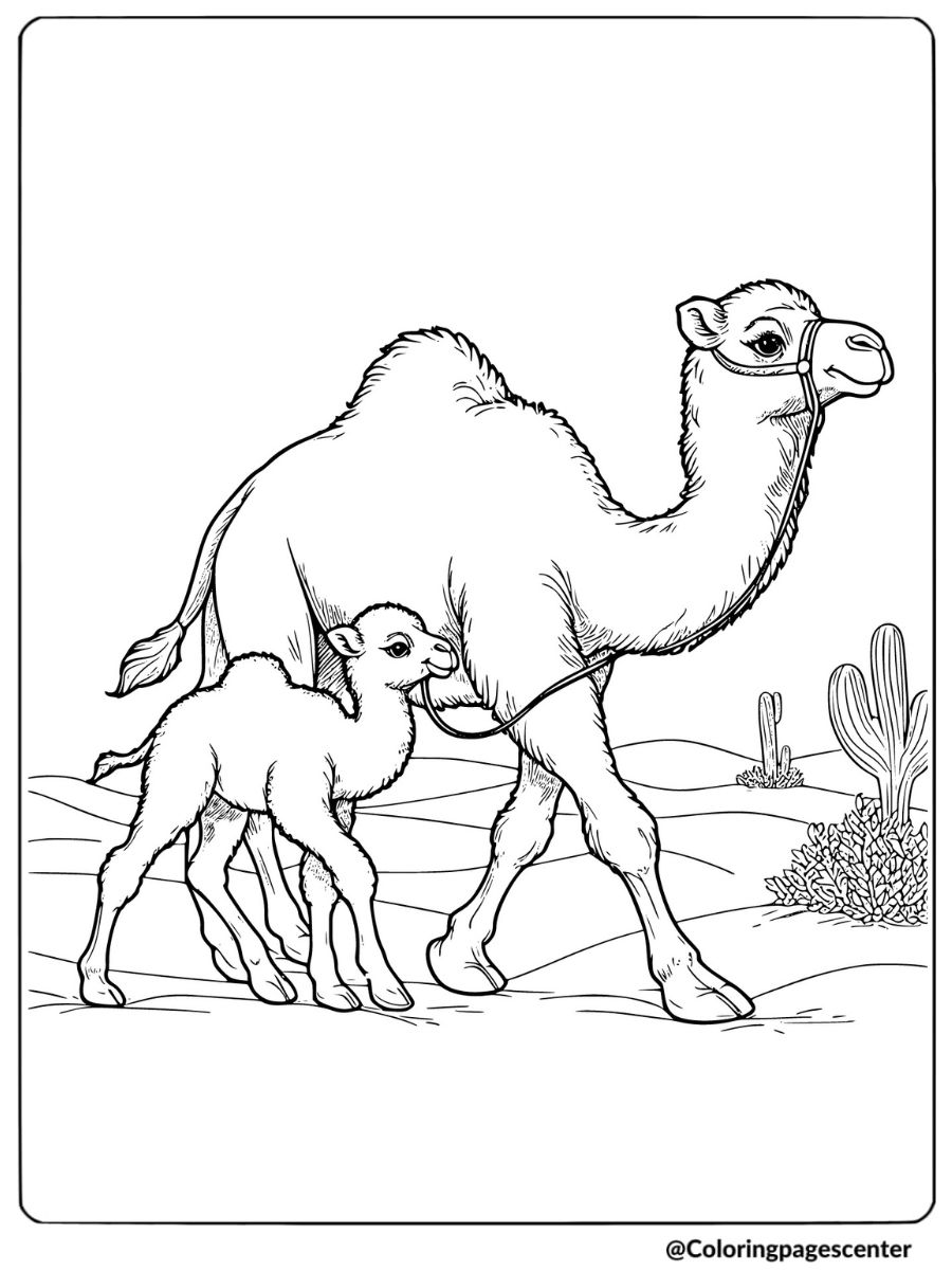 Mother camel and baby walking through the desert coloring page