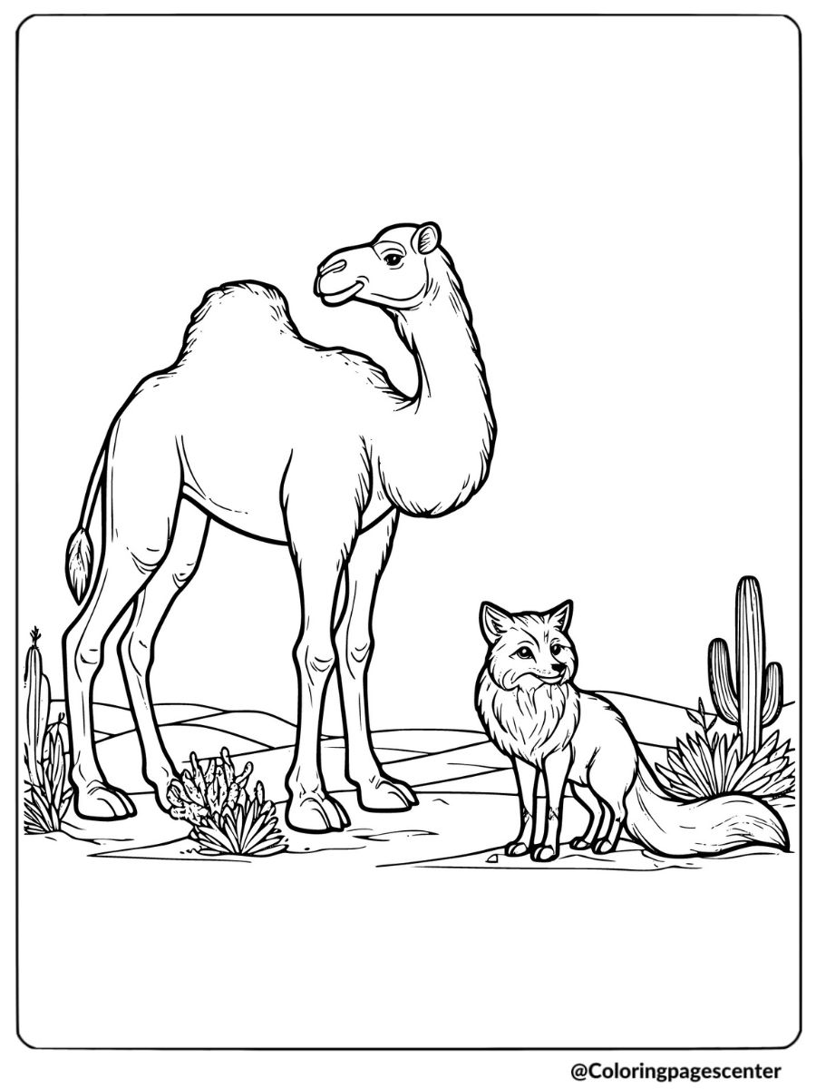 A camel and a desert fox standing together coloring page