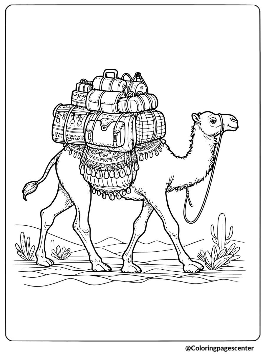 Camel carrying luggage through the desert coloring page