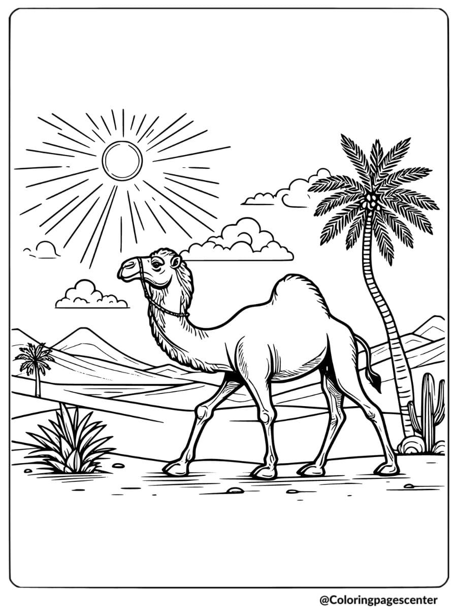 Coloring page of a camel with palm trees under the hot sun