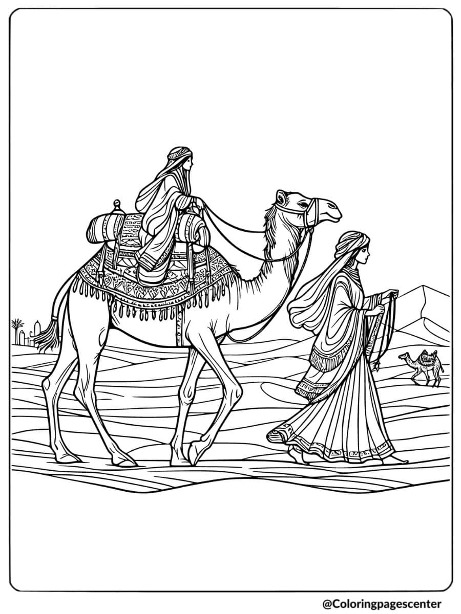 Woman walking with a camel in the desert coloring page