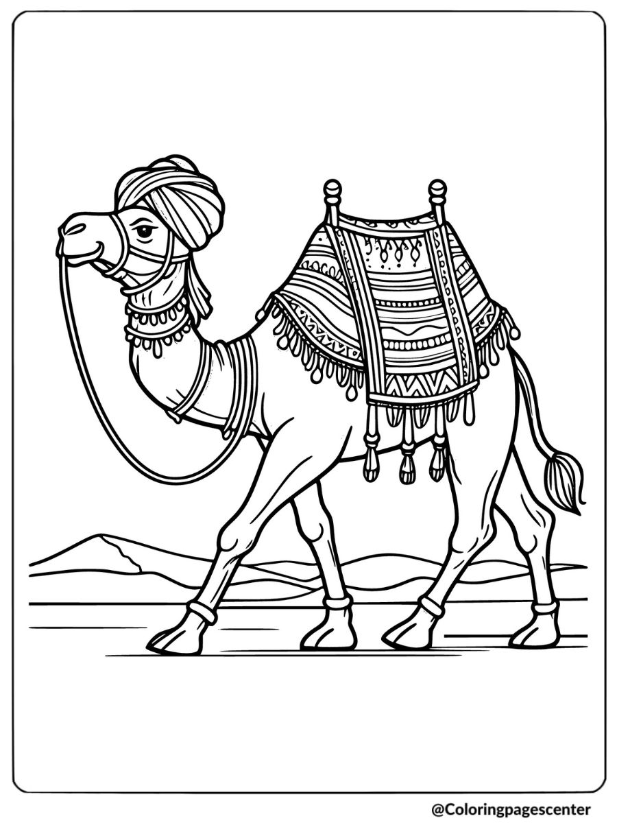 Decorated camel walking through the desert coloring page