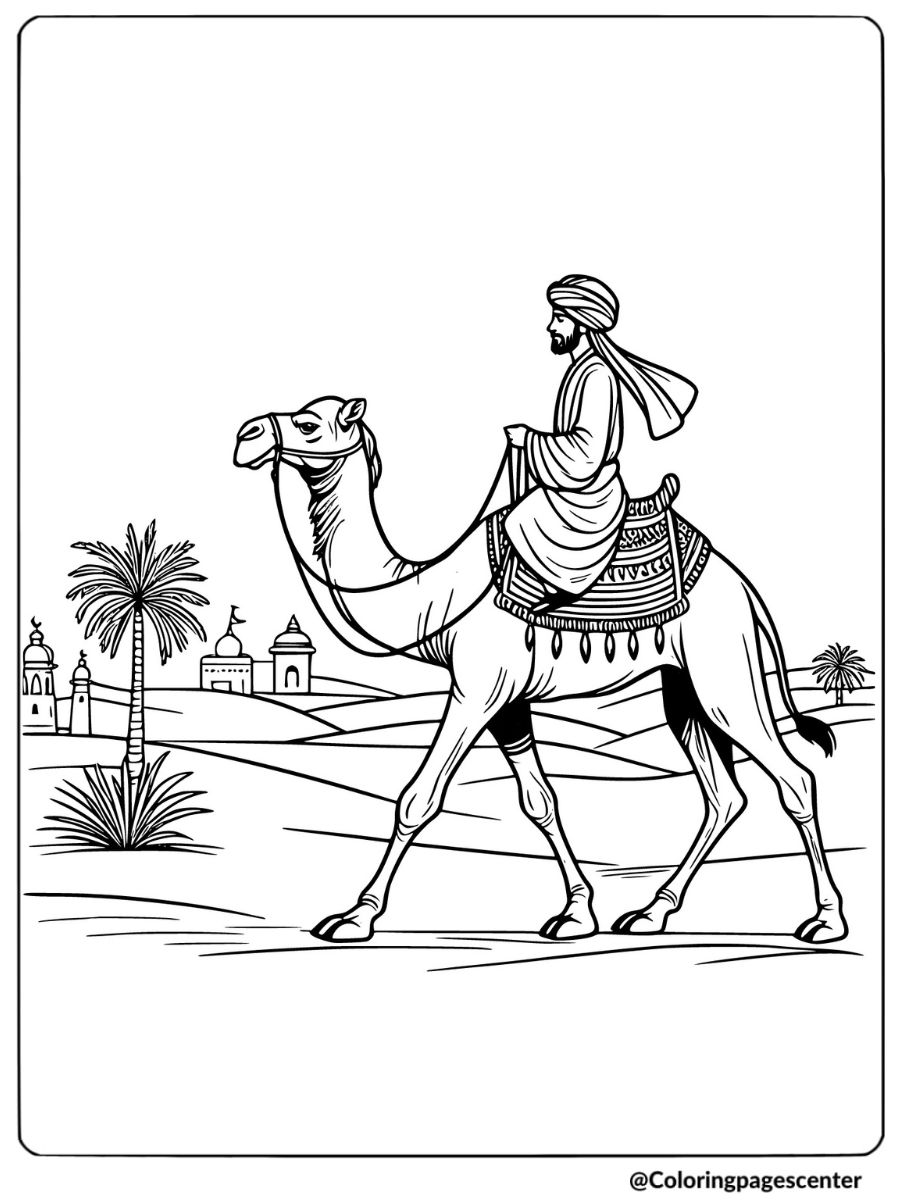 Man riding a camel through the desert coloring page