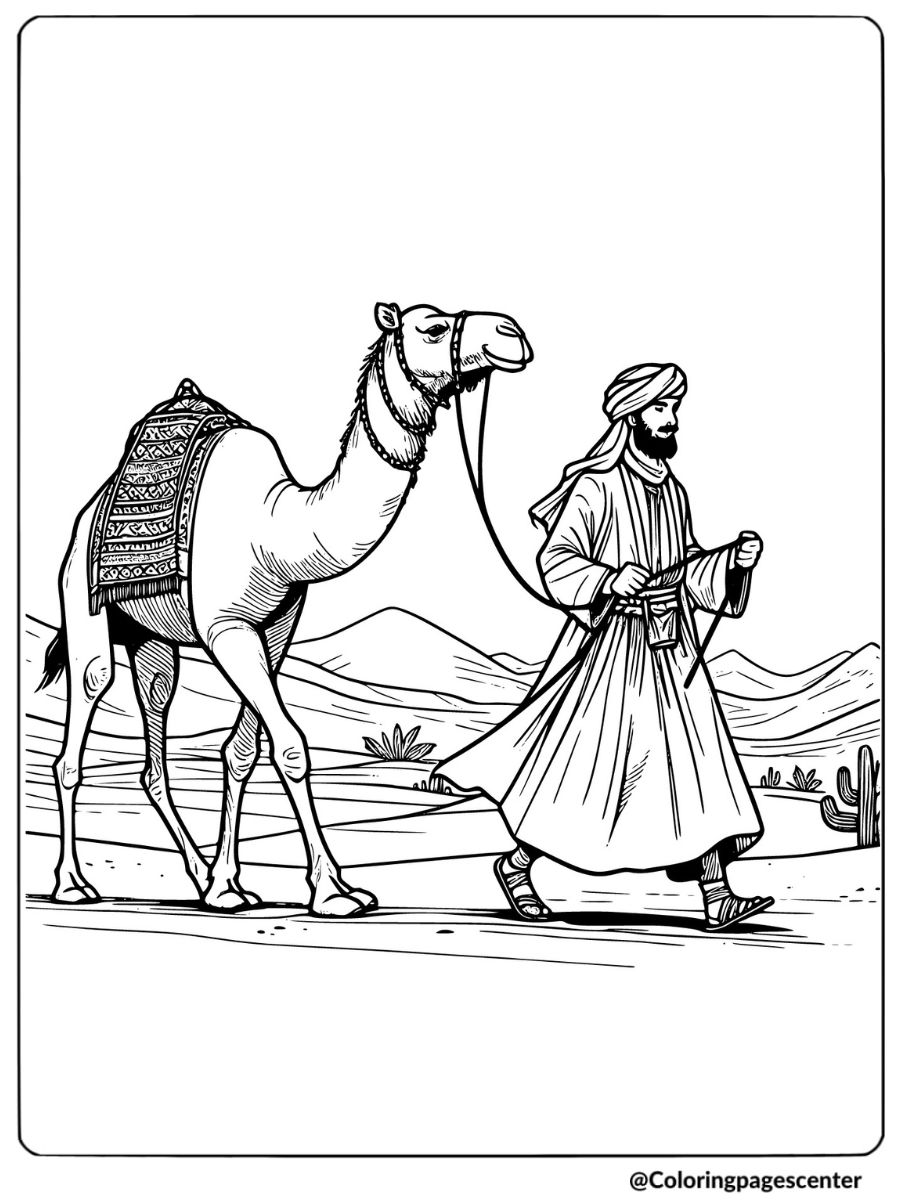 Man walking a camel on a leash coloring page