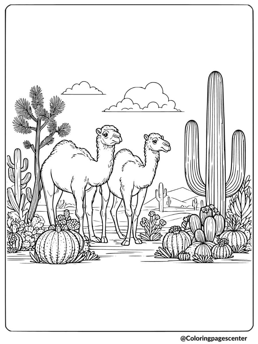 Two camels standing among cacti in the desert coloring page