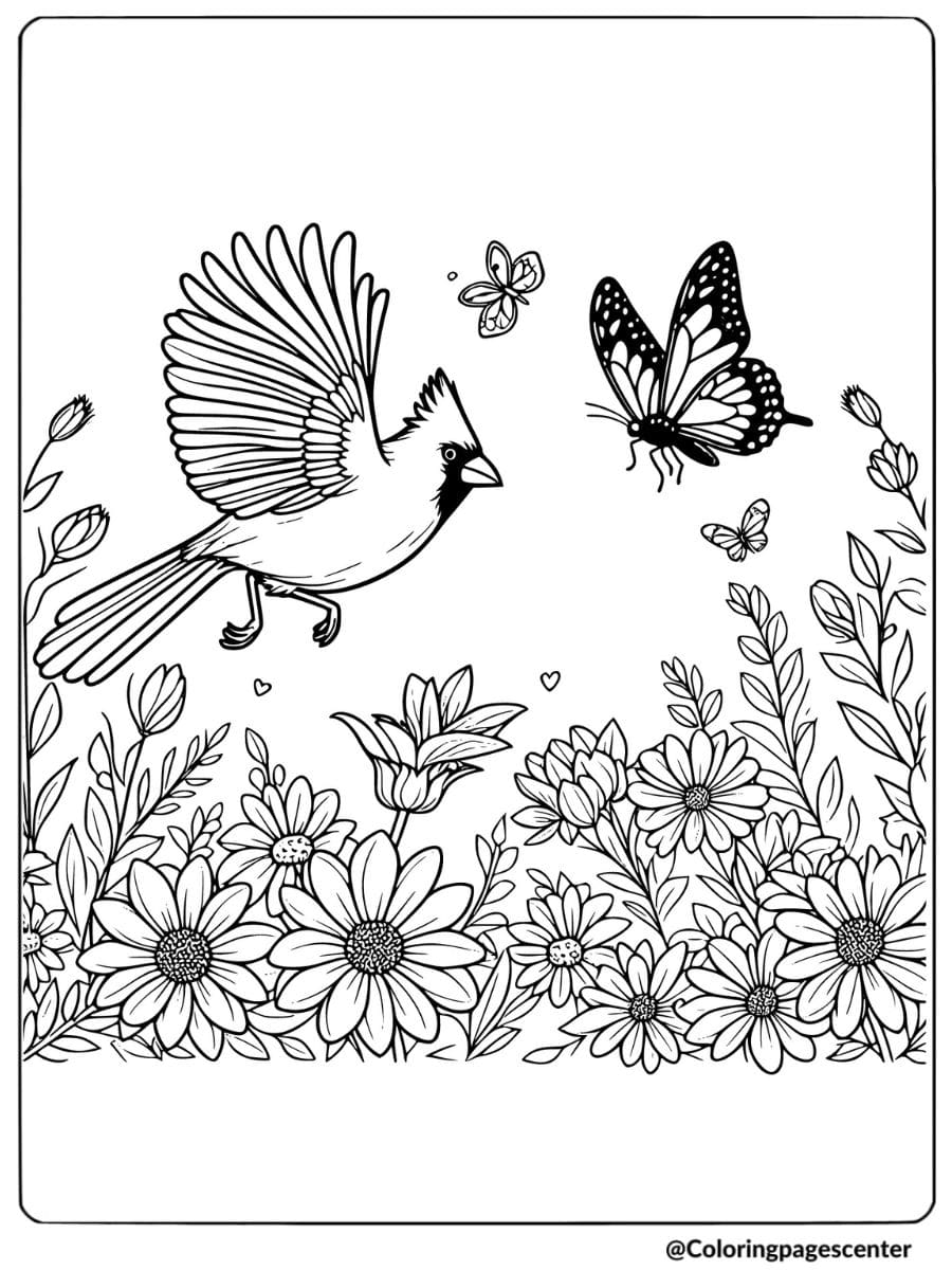 Cardinal and butterfly with flowers coloring page