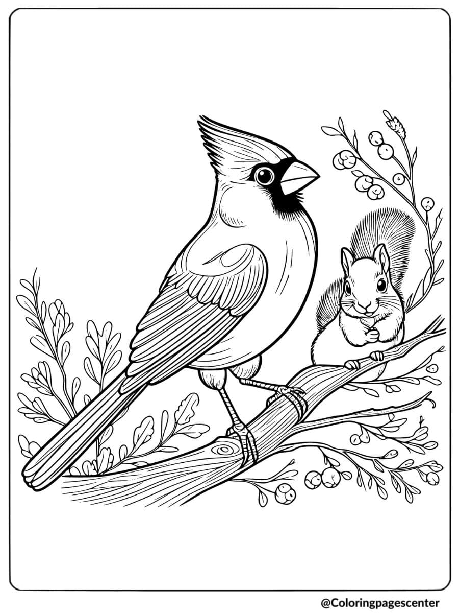 Cardinal with squirrel on branch coloring page