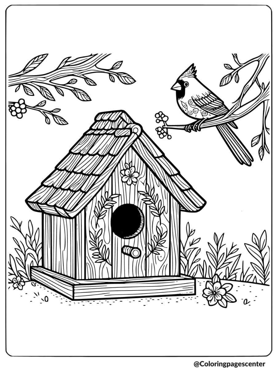 Cardinal near a birdhouse coloring page