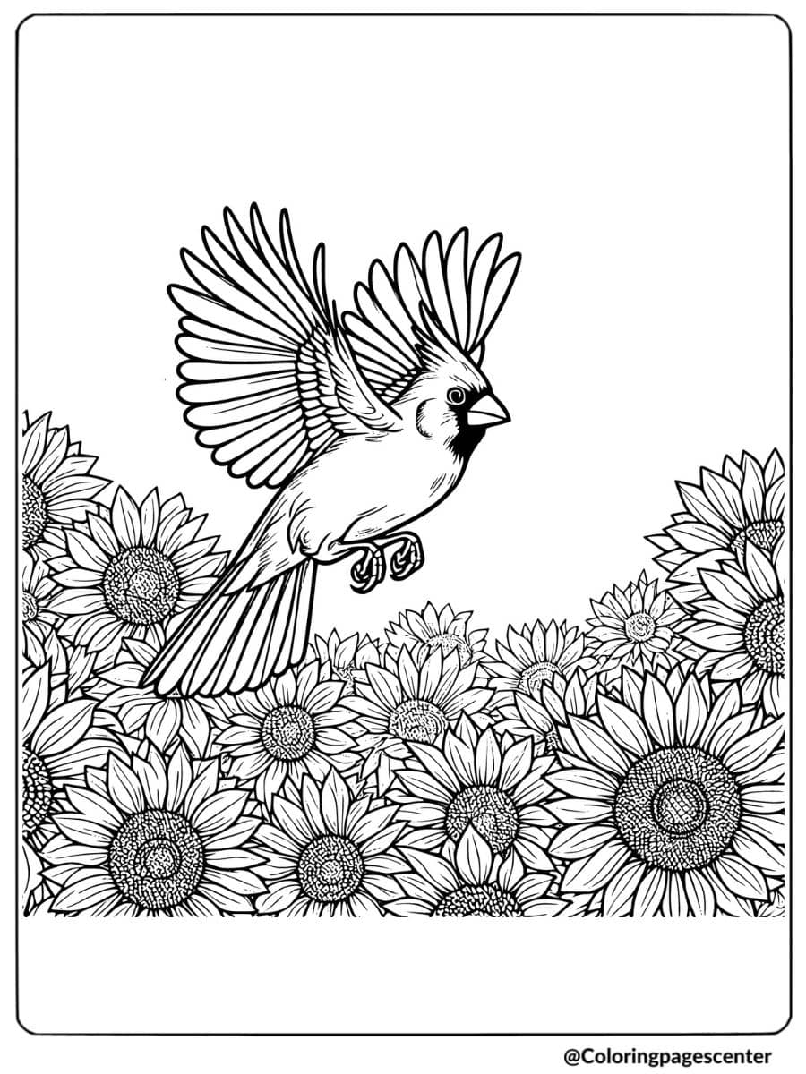 Cardinal flying above sunflower field coloring page