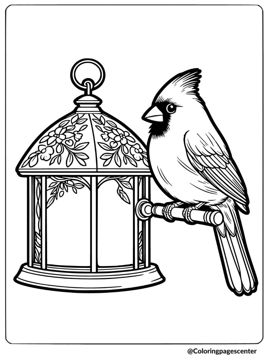 Cardinal perched on bird feeder coloring page