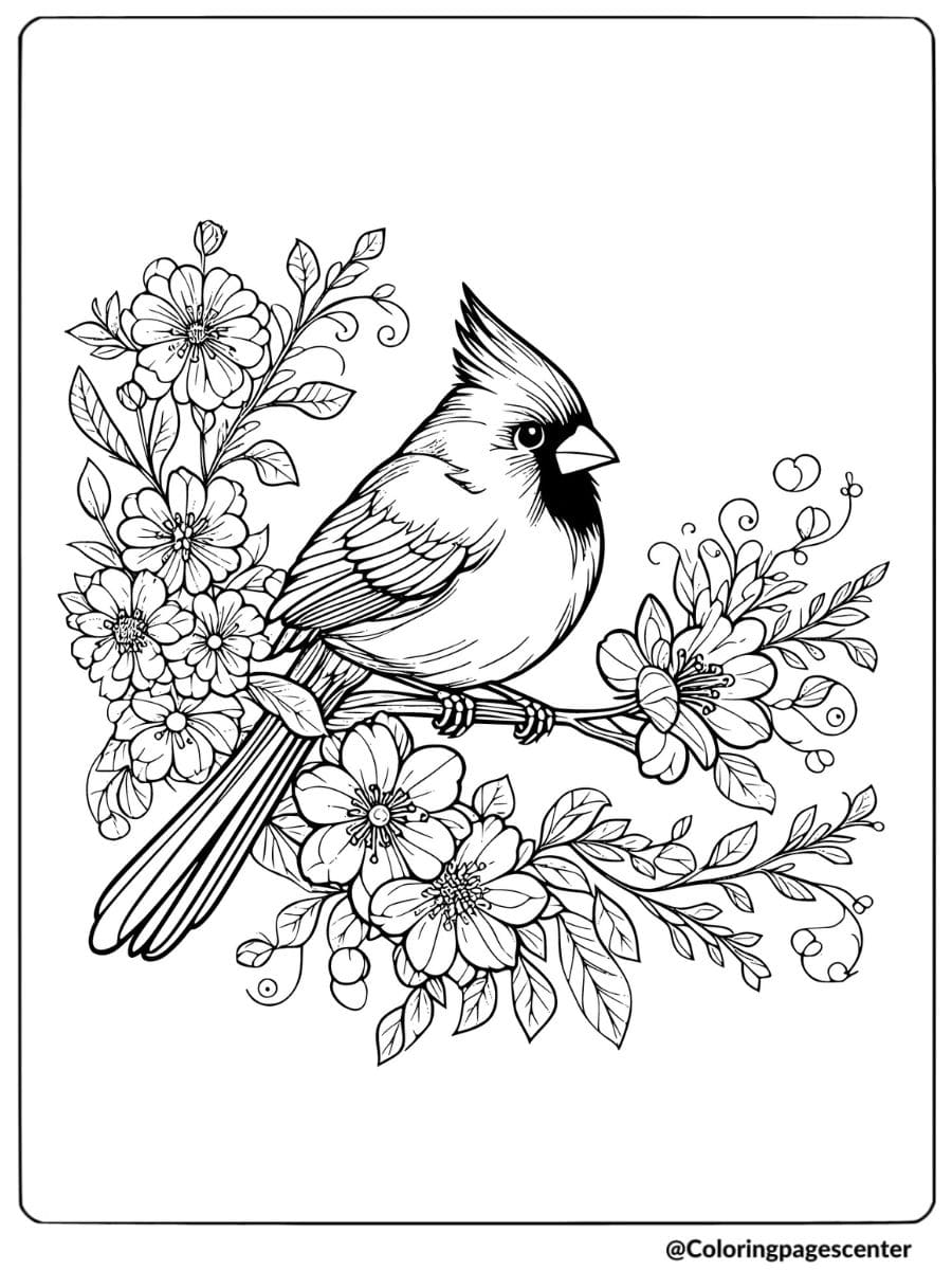 Cardinal sitting on flowers branch coloring page