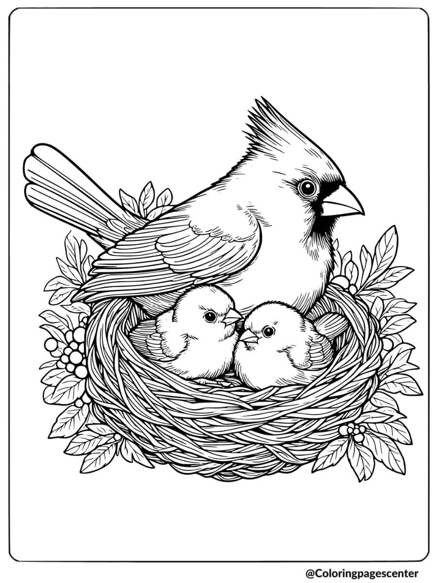 Cardinal in a nest with chicks coloring page