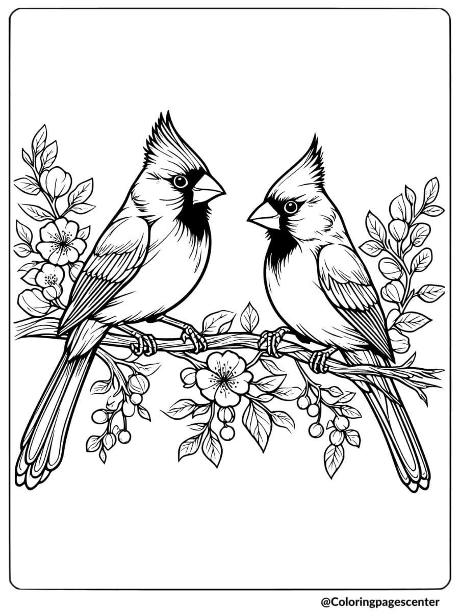 Two cardinals on a flower branch coloring page