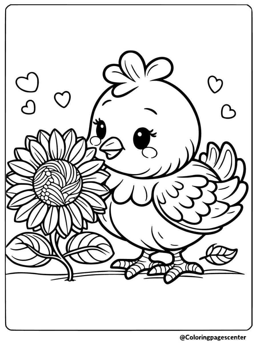 Chicken with sunflower coloring page