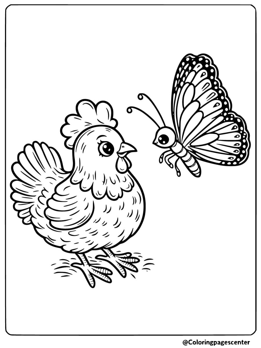 Chicken meeting butterfly coloring page