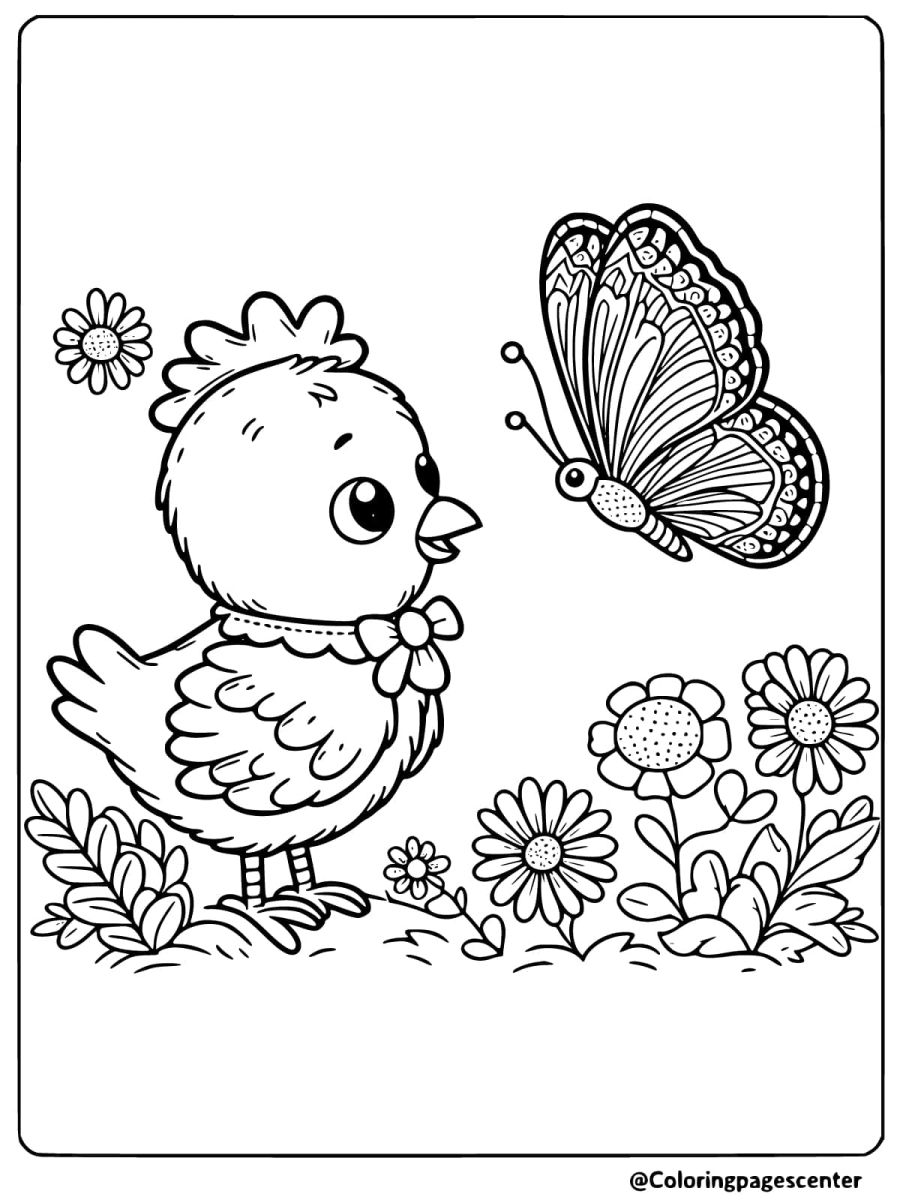 Chicken watching a butterfly coloring page