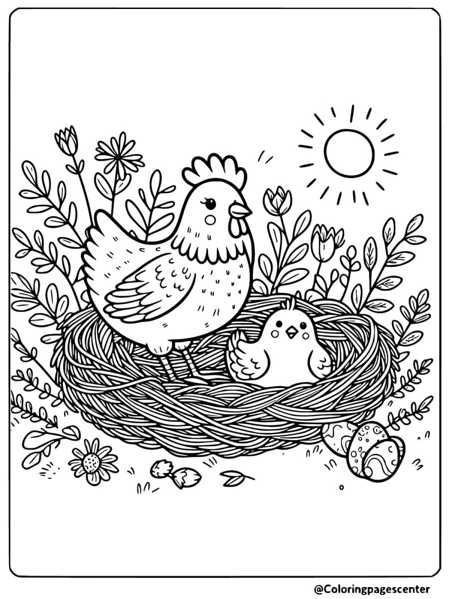 Mother chicken with chick in nest coloring page