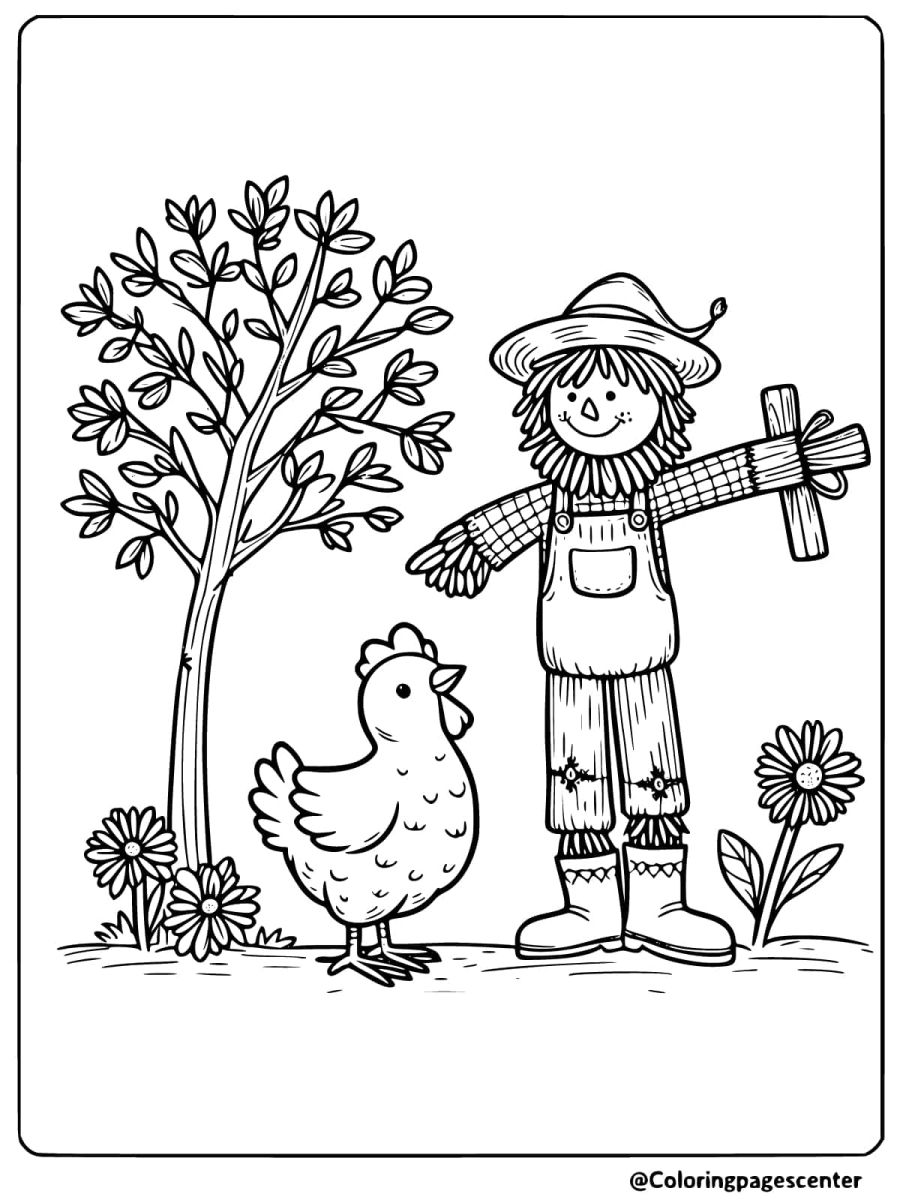 Chicken next to a scarecrow coloring page