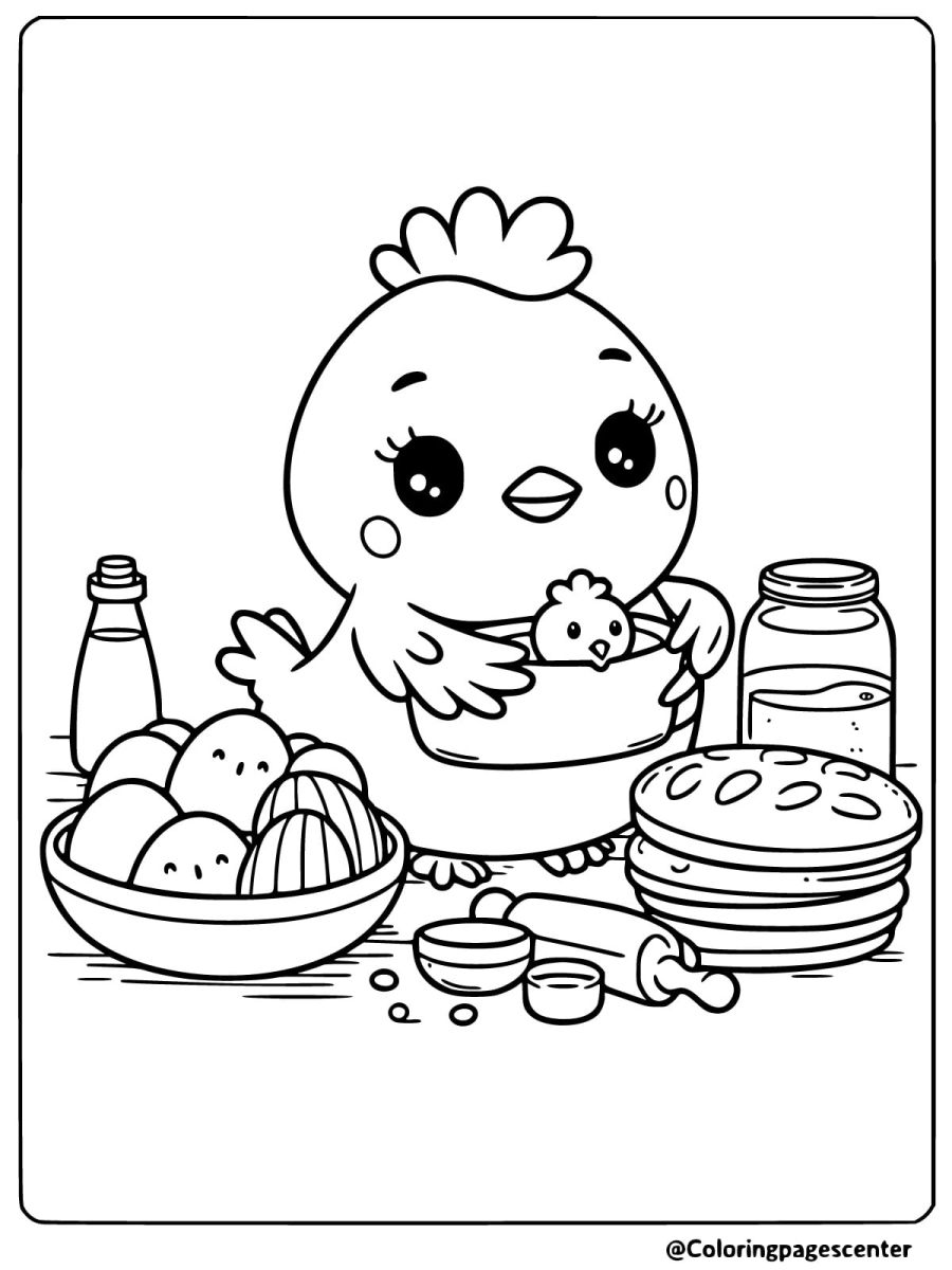 Chicken preparing food with eggs coloring page