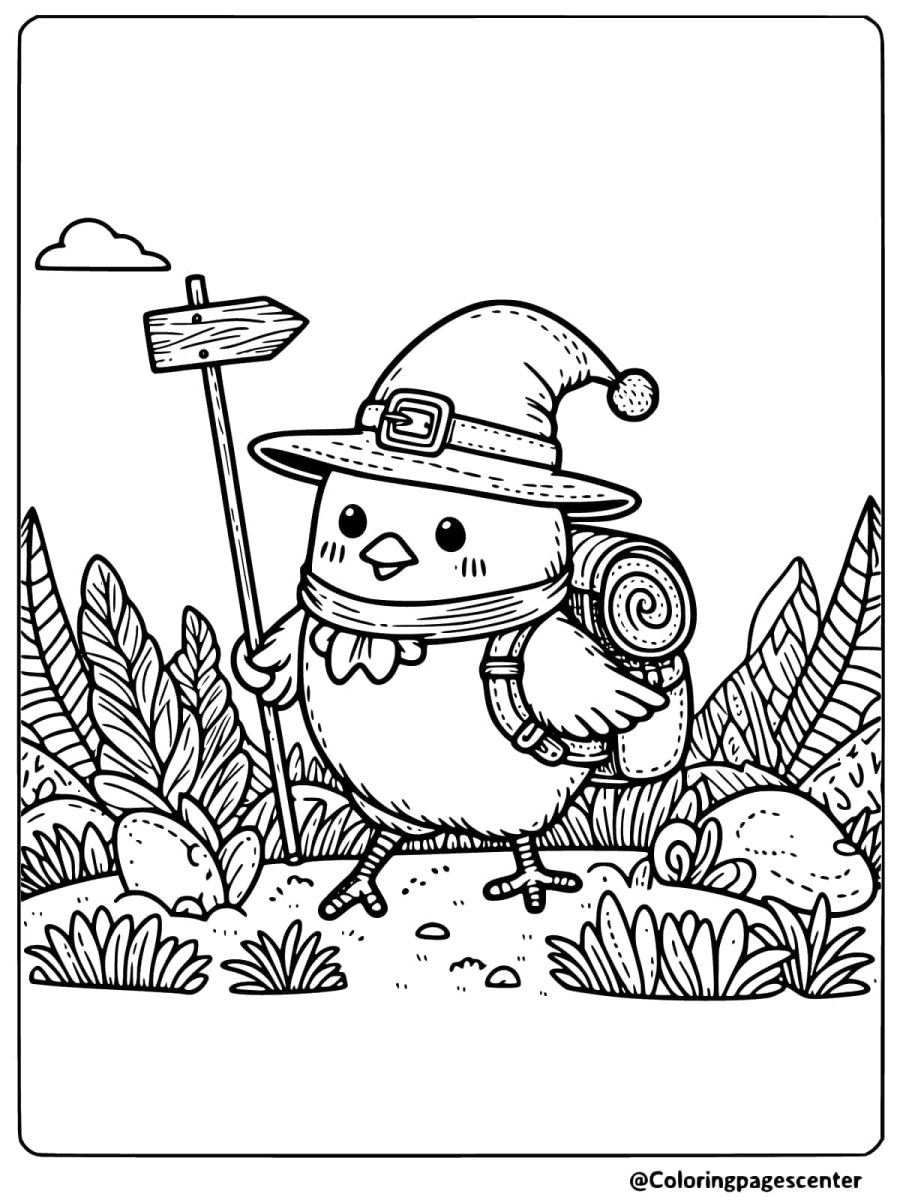 Chicken in witch costume coloring page