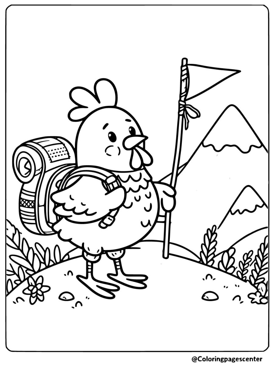 Adventurous chicken hiking coloring page