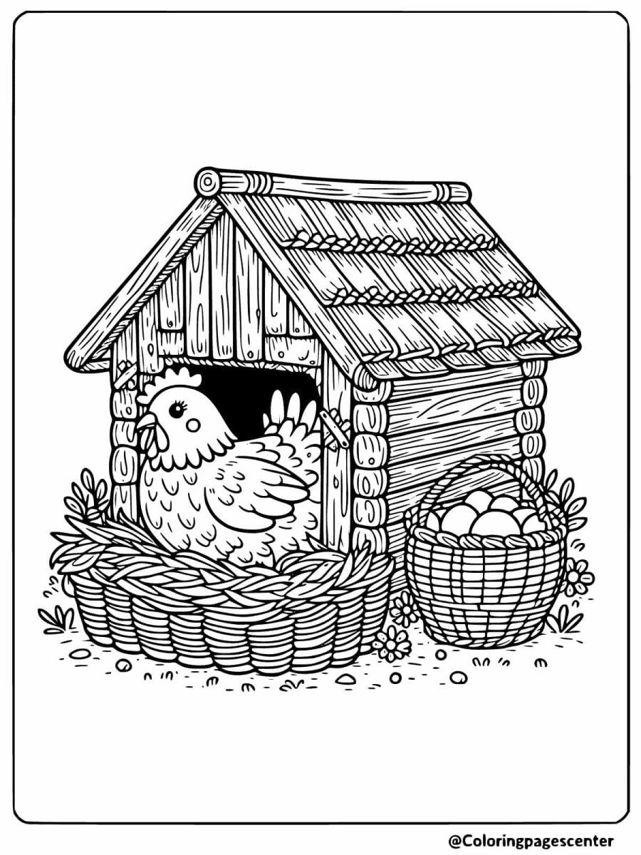 Chicken inside a wooden coop coloring page