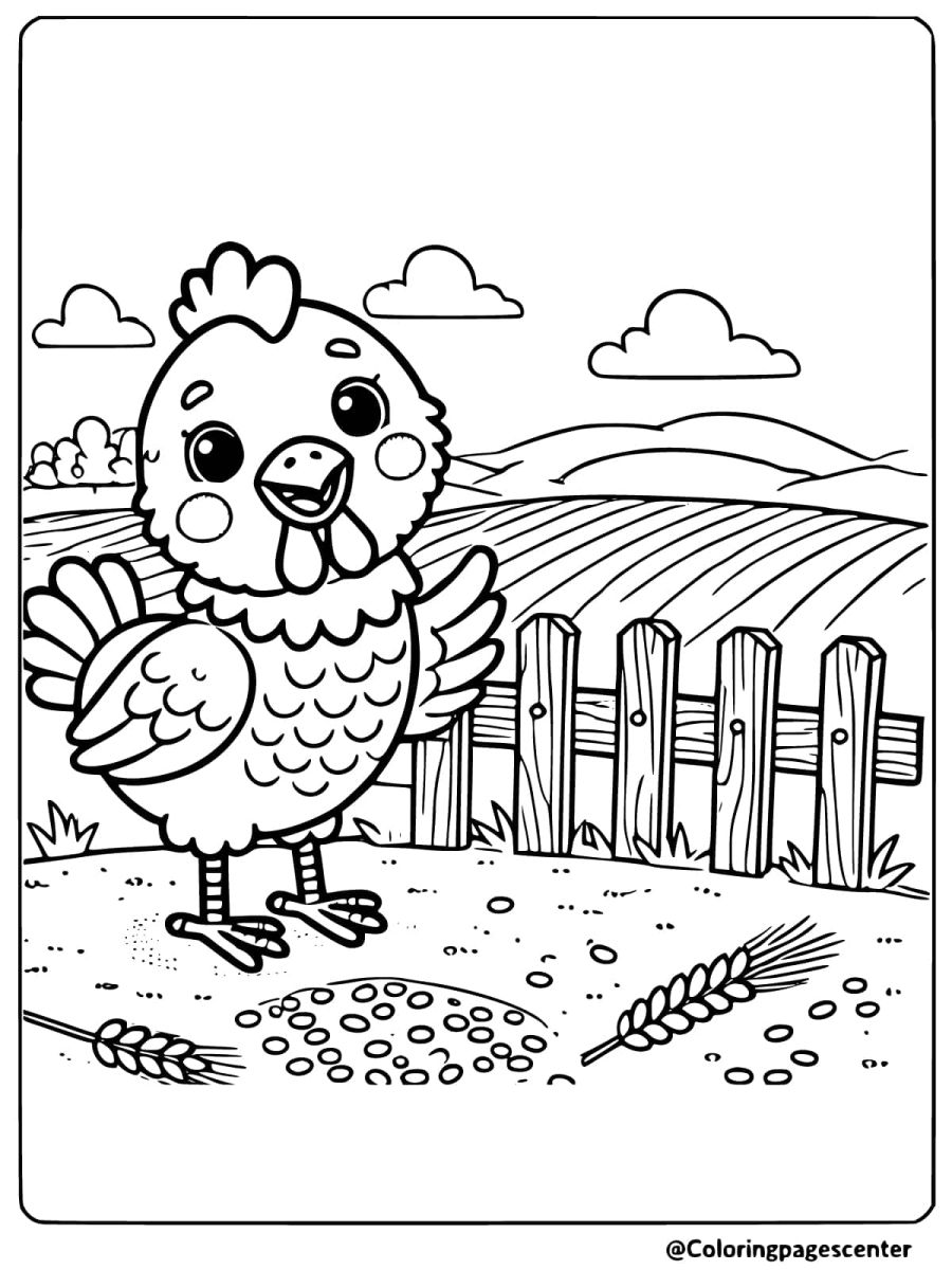 Chicken walking in farmyard coloring page