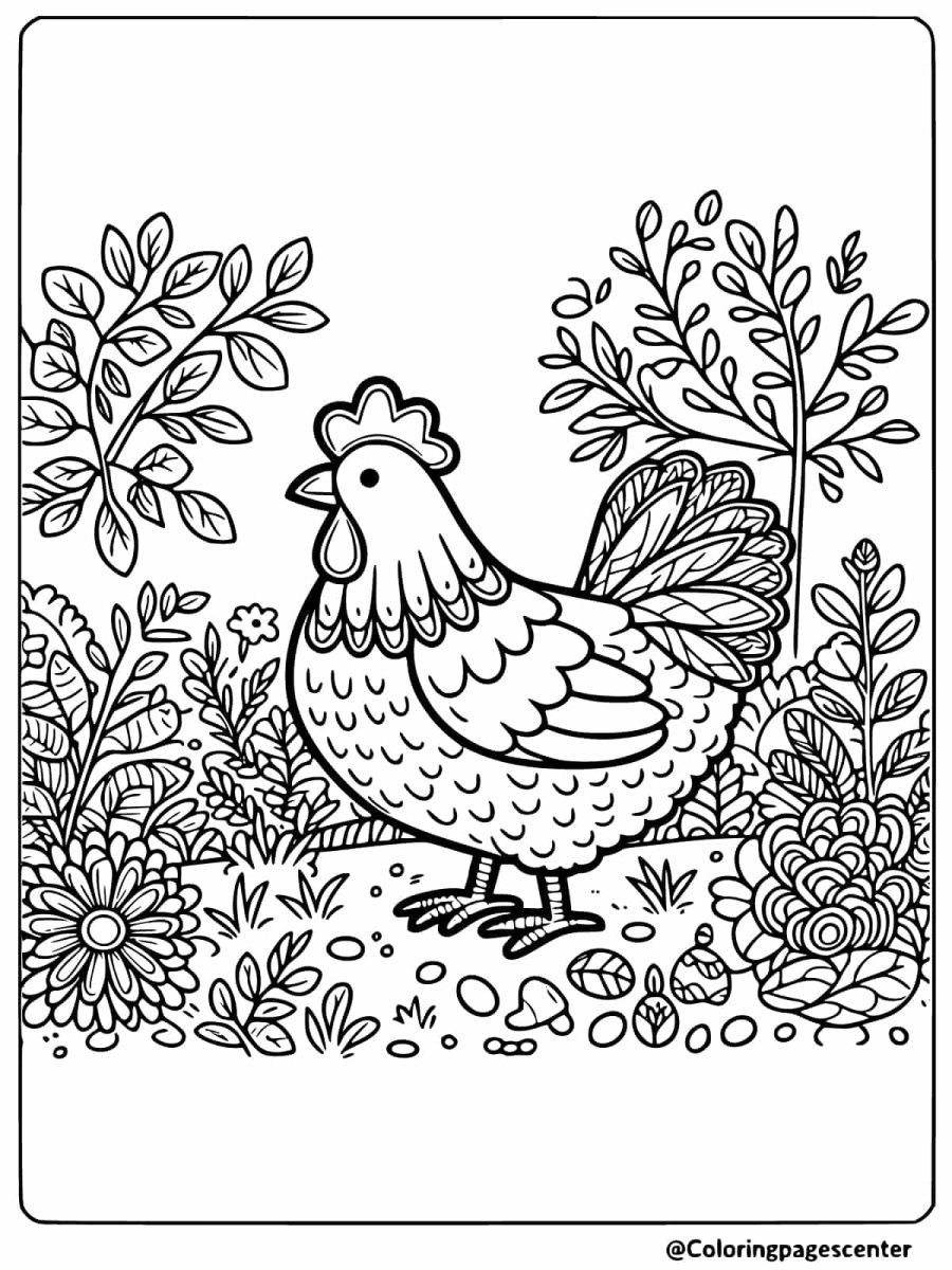 Chicken surrounded by flowers coloring page